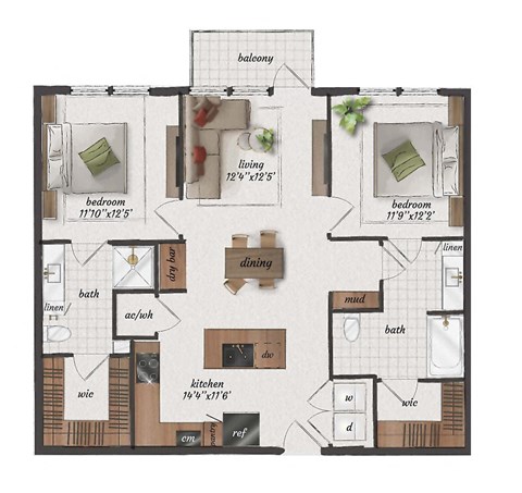 Floor plan for 2 beds, 2 baths, 1080 sqft